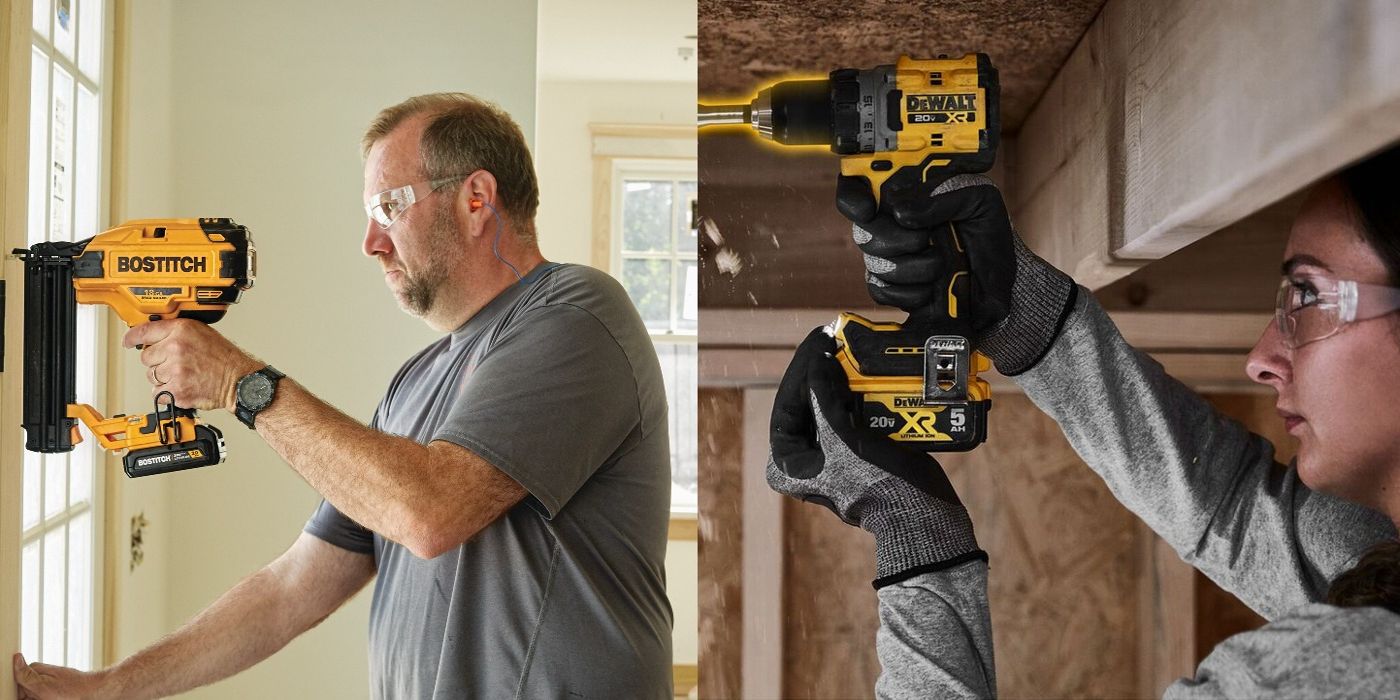 A man uses a brad nailer and a woman uses a power drill for DIY projects