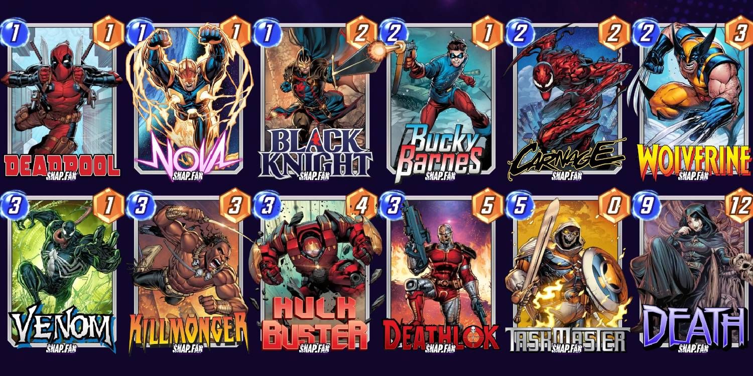 Deadpool e Death Deck Marvel Snap com valores de energia e poder exibidos em cada cartão
