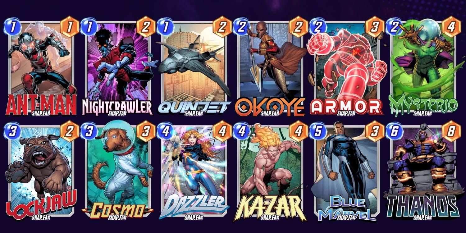 Marvel Snap Dazzler Thanos Deck construído com valores de energia e poder de cada cartão exibido