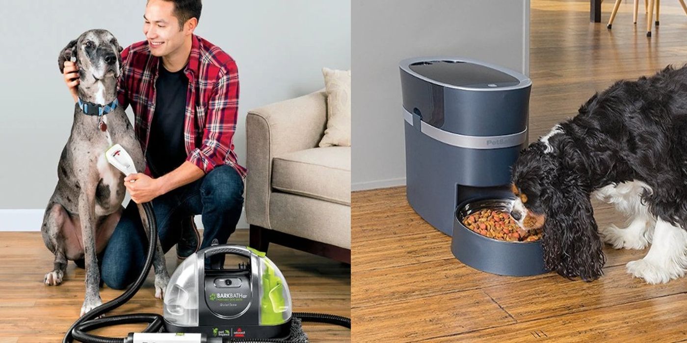 A man cleans his dog with a Barkbath and another dog eats from a PetSafe Smart Dog Feeder
