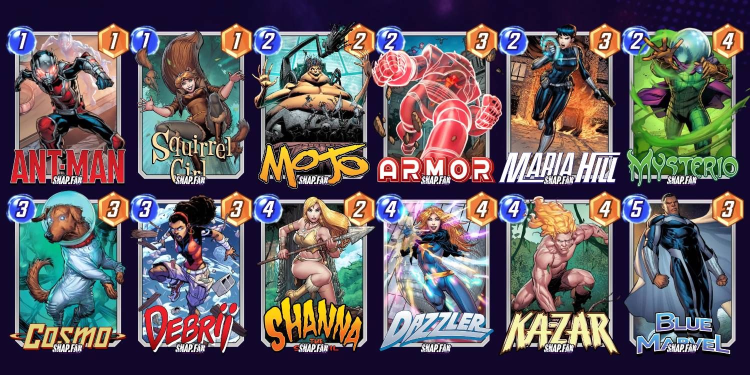 Marvel Snap Dazzler Swarm Deck Build with Energy and Power Values on Each Card Displayed