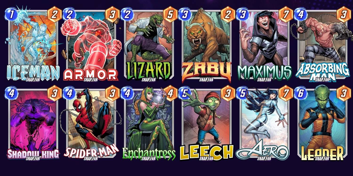 Marvel Snap Shadow King Pure Control Deck construído com valores de energia e poder exibidos em cada cartão