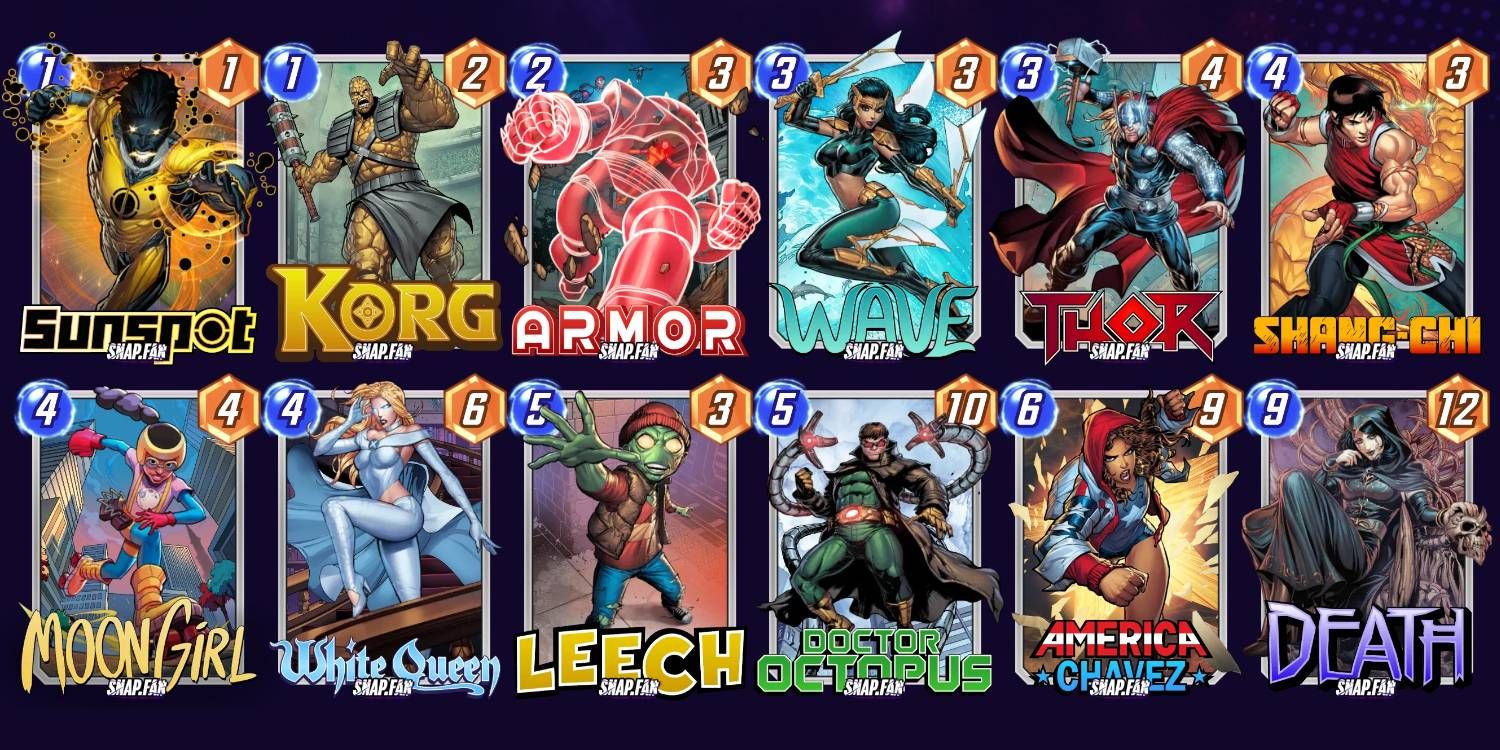 Marvel Snap Leech Doctor Octopus Deck Build with Energy and Power Values Displayed on Each Card