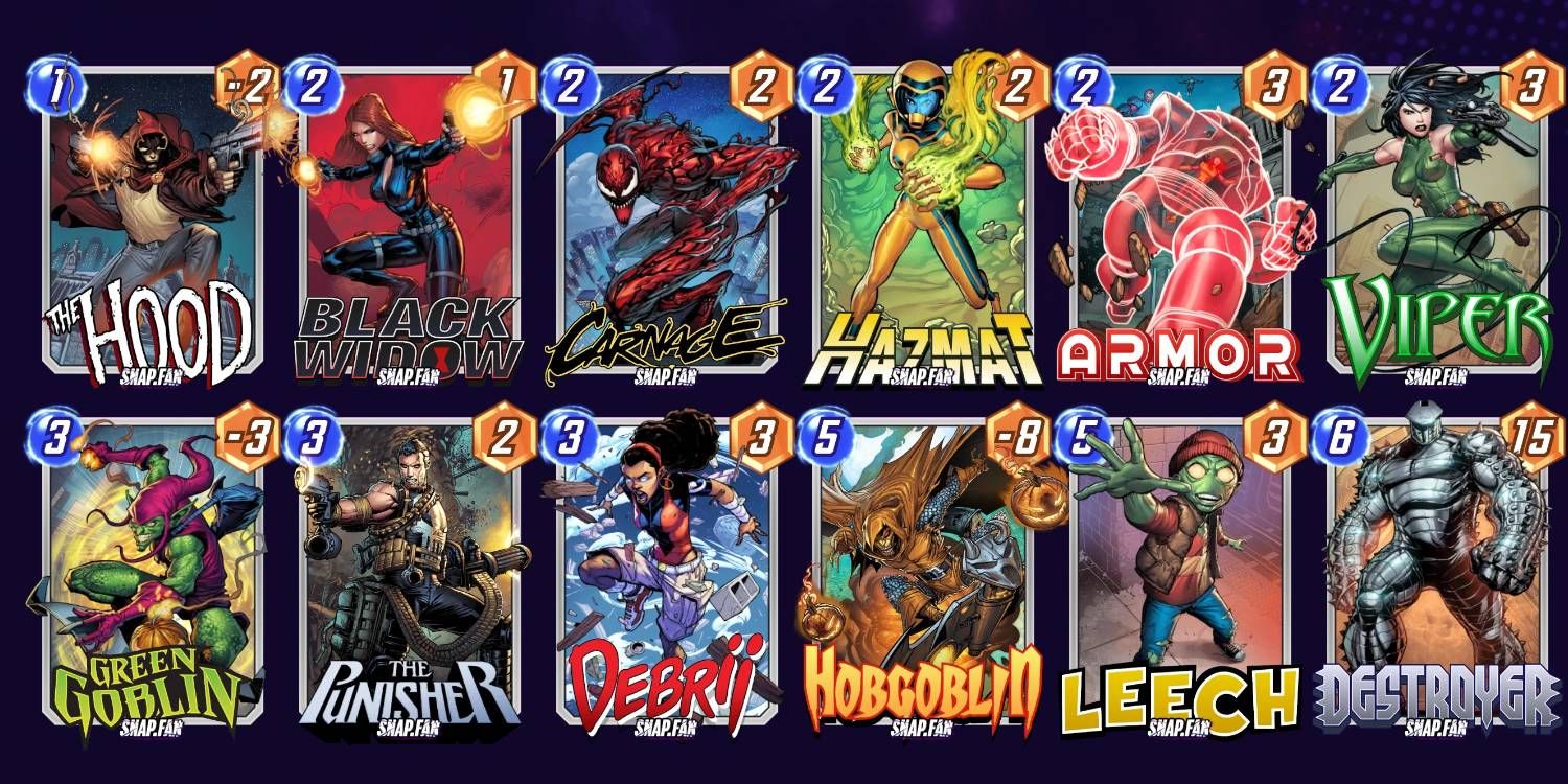 Marvel Snap Pure Evil Leech Deck Build with Energy and Power Values Displayed on Each Card