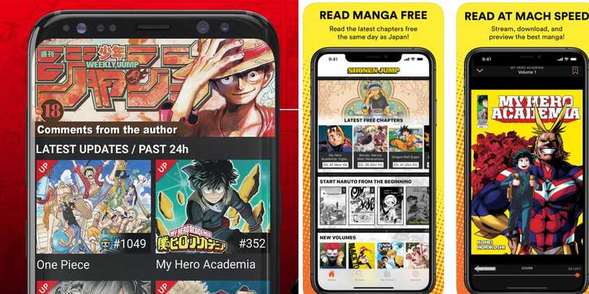 Manga Plus and Shonen Jump app ads are displayed side by side