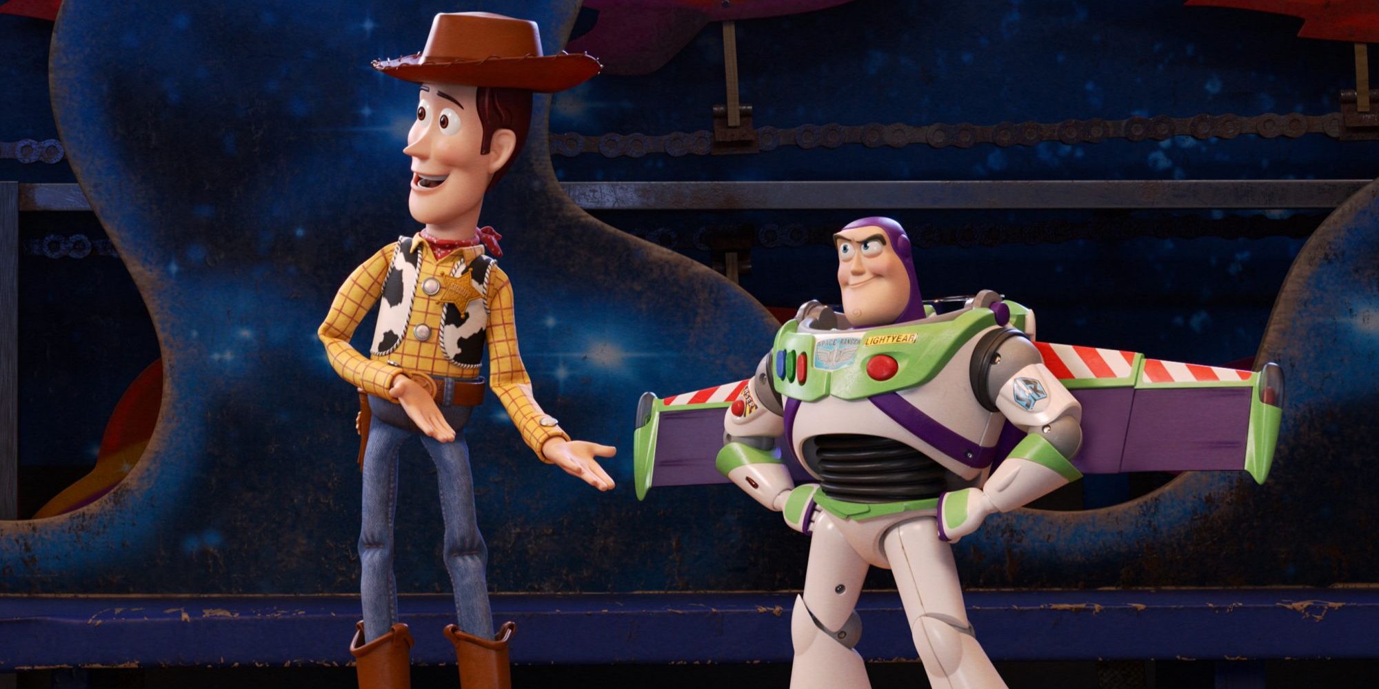 Woody gestures to Buzz Lightyear in Toy Story 4
