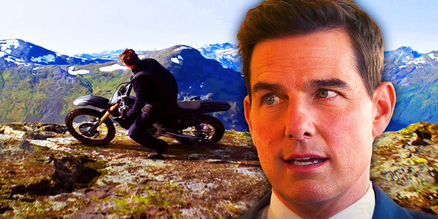 A closeup of Tom Cruise as Ethan Hunt imposed over shot of Hunt nearly sliding off a cliff on a motorcycle from Misson:Impossible
