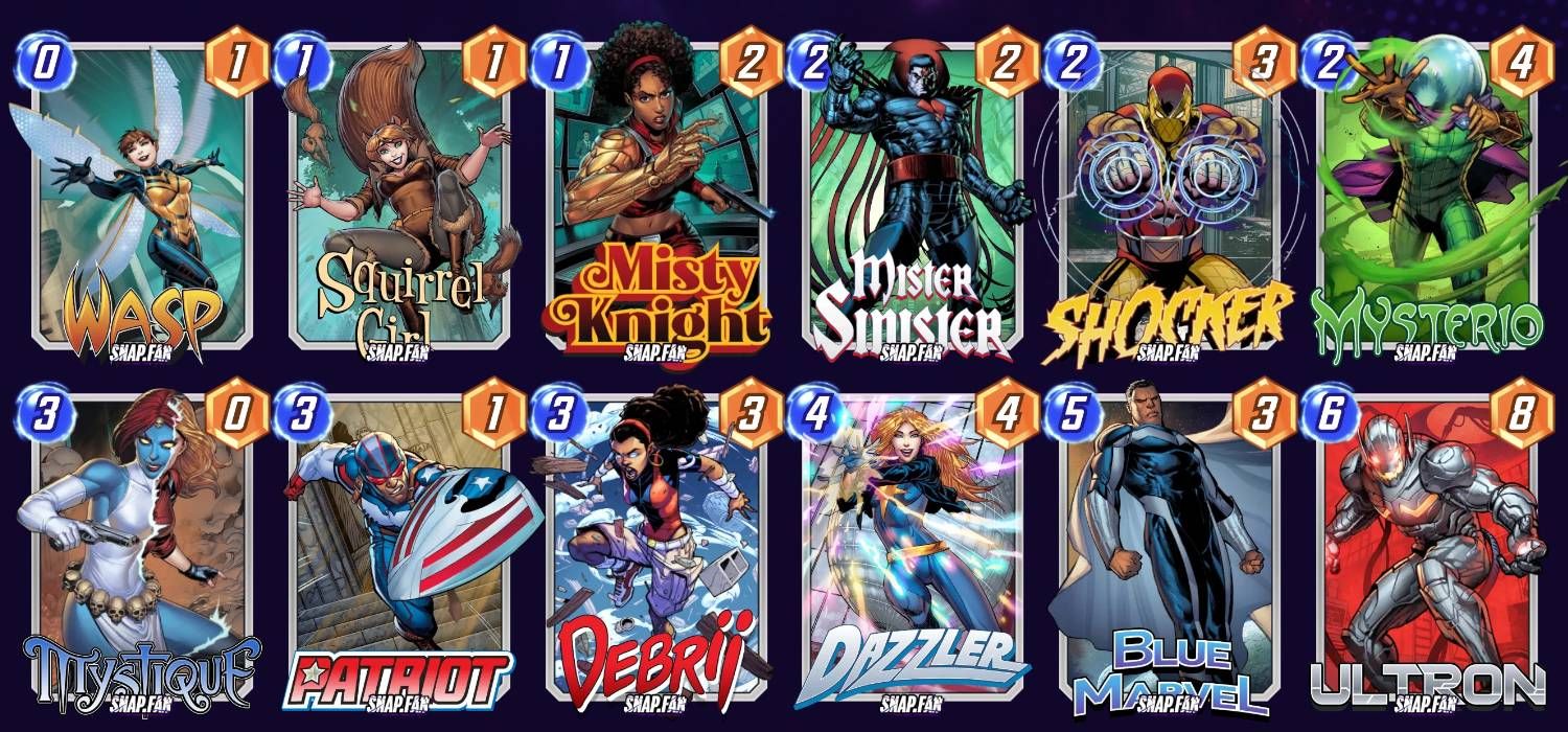 Marvel Snap Dazzler + Ultron/Patriot Deck Build with Energy and Power Values on Each Card Displayed