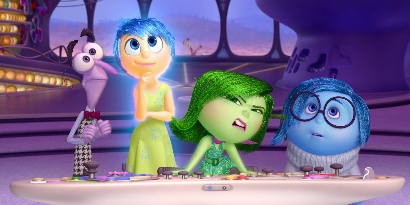 Fear, Joy, Disgust and Sadness standing in the control room in Riley's brain in Inside Out