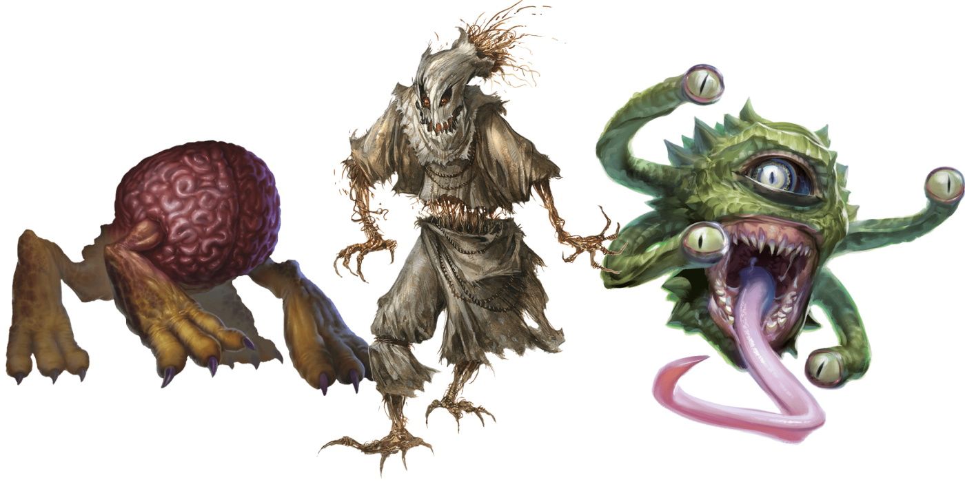 Three D&D monsters: an intellect devourer, which looks like a brain with four legs, a sentient scarecrow, and a spectator, which has multiple eyes on the ends of tentacles.