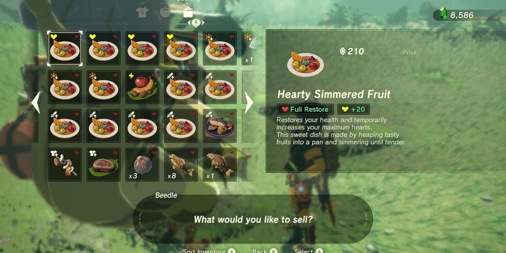 Inventário cheio de comida em The Legend of Zelda Breath of the Wild