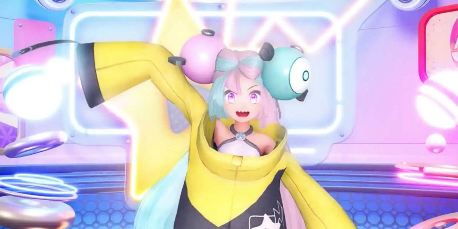 Pokémon Scarlet and Violet Gym Leader Iono waving during the promotional live stream trailer.