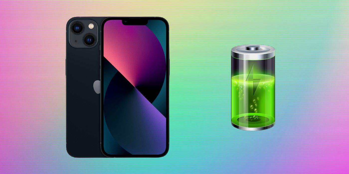 An iPhone 13 Pro from front and back next to a battery on gradient background