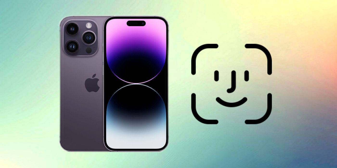 iPhone 14 Pro Max next to Face ID logo on custom gradient background