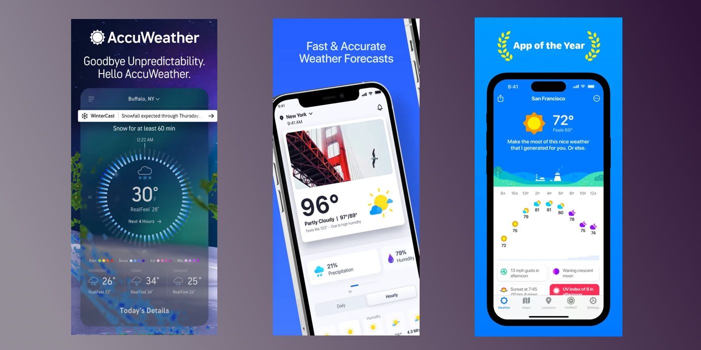 Capturas de tela de três aplicativos meteorológicos para iPhone: AccuWeather, 1Weather, Carrot Weather