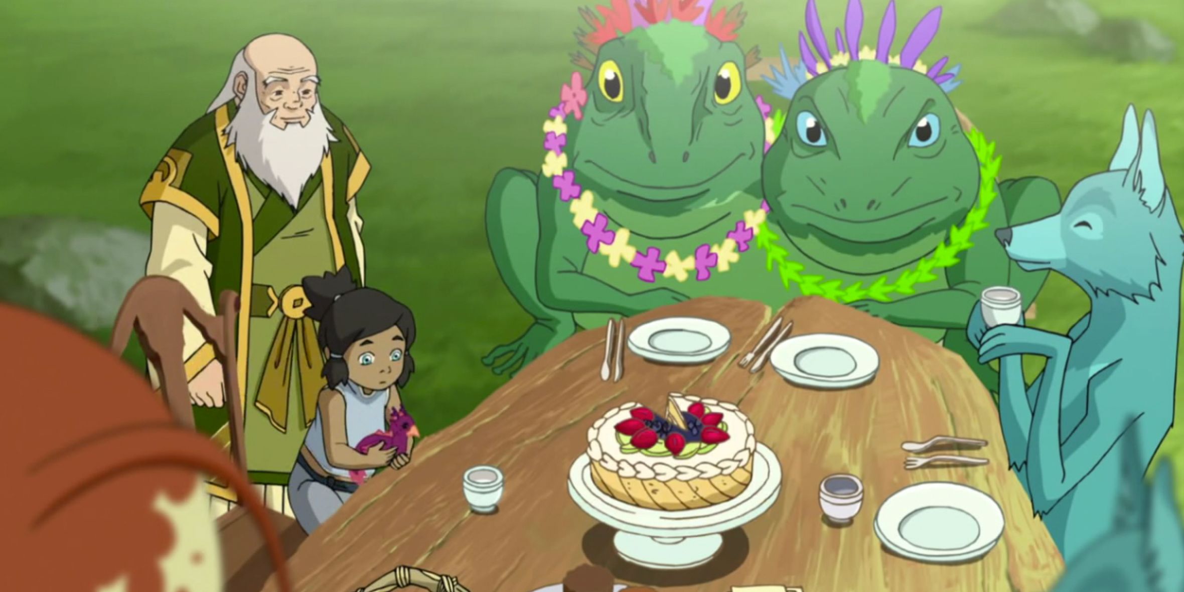 Iroh e Korra participam de uma festa de chá no Mundo Espiritual em Avatar Legend Of Korra