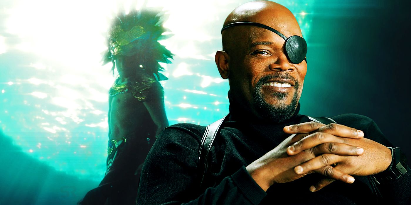 Smiling Nick Fury superimposed on an image of Namor in his warrior garb