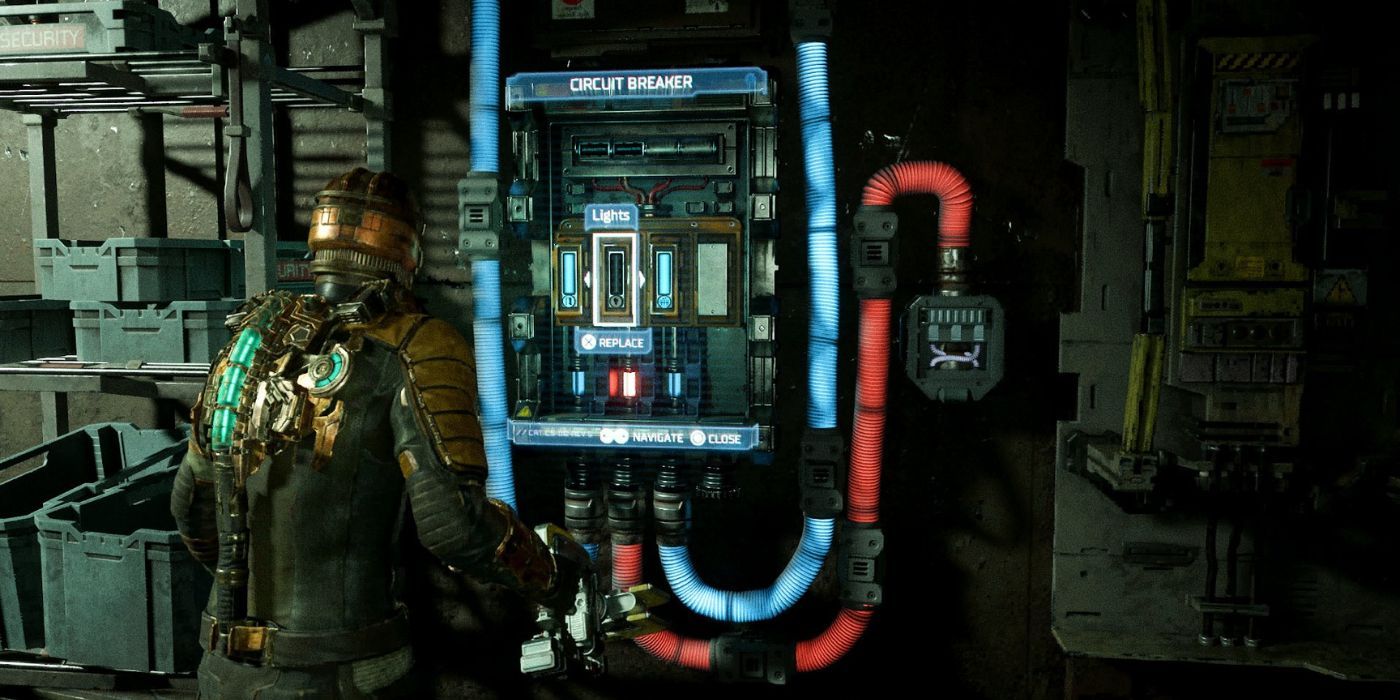 Isaac Clarke fica em frente a um disjuntor no remake de Dead Space
