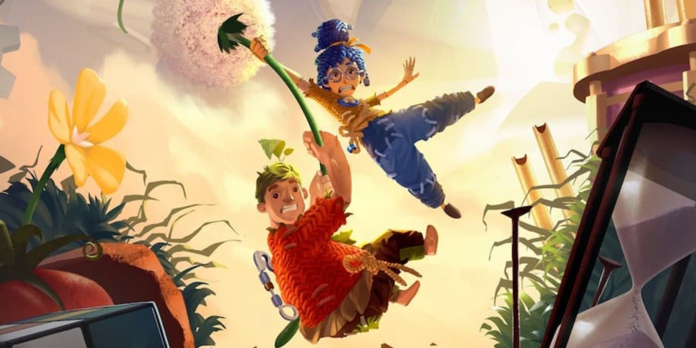 It Takes Two promo art featuring the two protagonists hanging onto a floating dandelion.