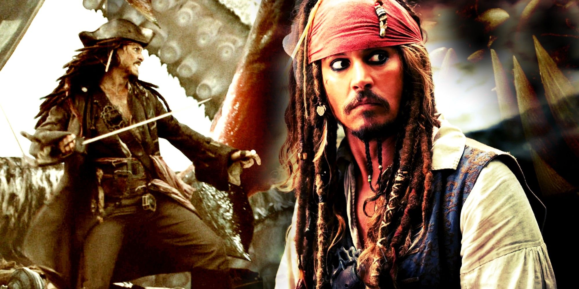 Jack-Sparrow stabbing the kraken in Pirates of the Caribbean
