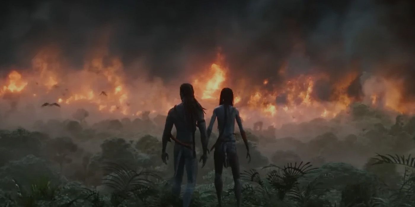 jake et neytiri regardant pandora brûler dans avatar le chemin de l'eau