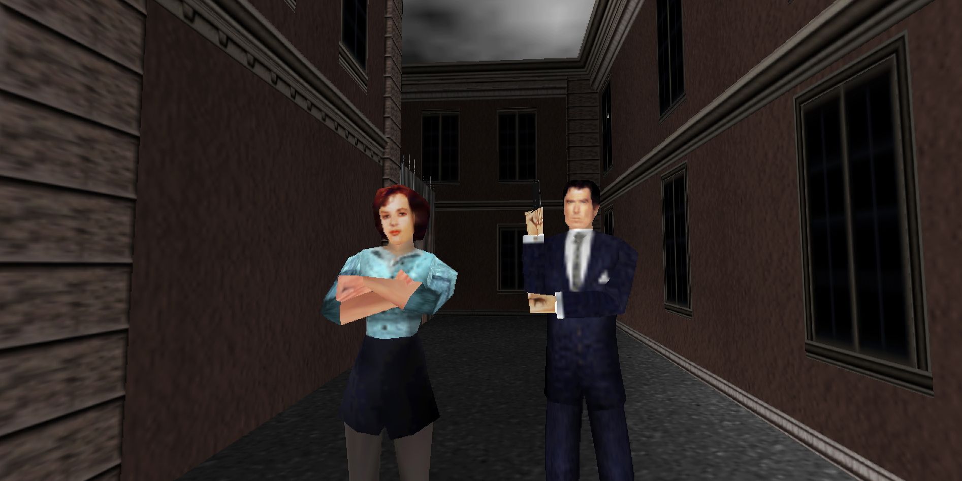 James Bond and Natalya Simonova strike a confident pose in an alleyway in a high-definition screenshot from GoldenEye 007