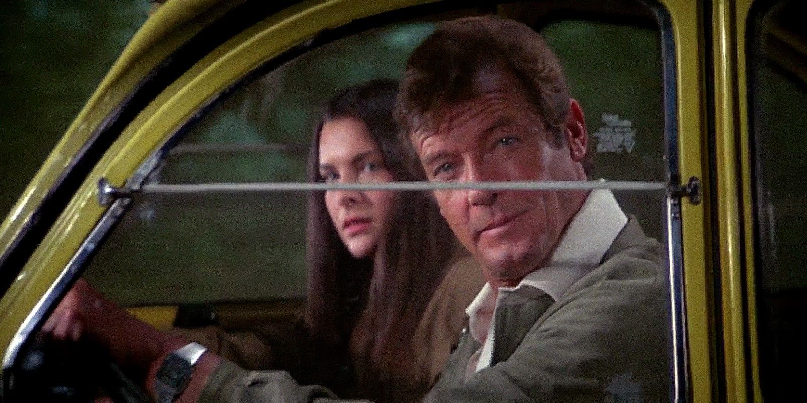 Roger Moore as James Bond driving a car in For Your Eyes Only.