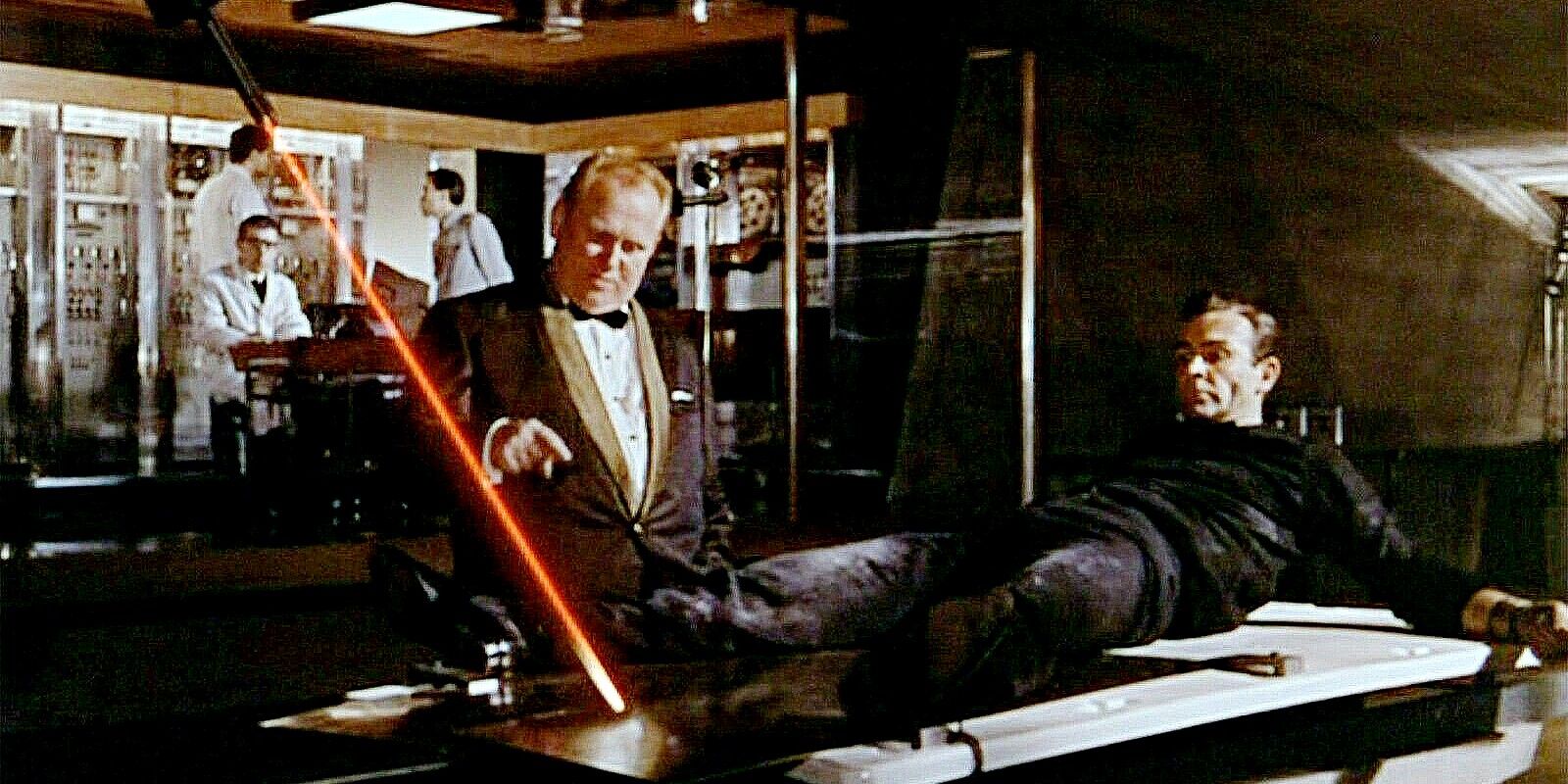 James Bond strapped to a table with a laser aimed at him in Goldfinger