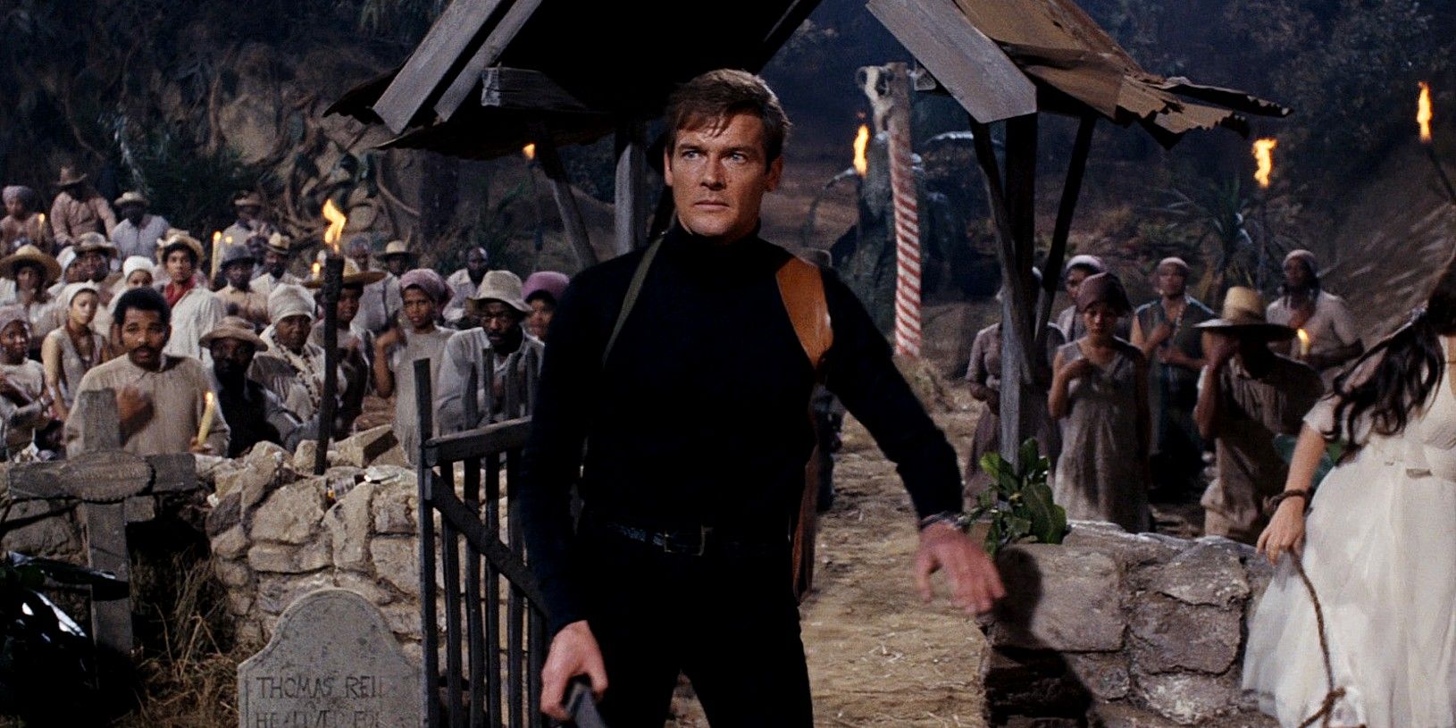 Roger Moore as James Bond at Dr Kananga's compound in Live and Let Die