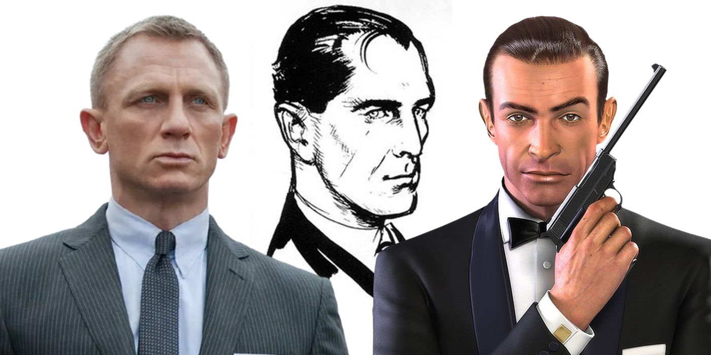 Different adaptations of James Bond including Daniel Craig, Sean Connery and a illustration by author Ian Fleming