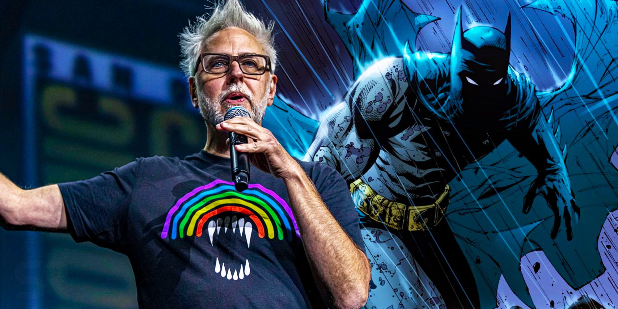 Featured Image: DCEU creative lead James Gunn speaking at Comic-Con (left); Grant Morrison version of Batman (right)
