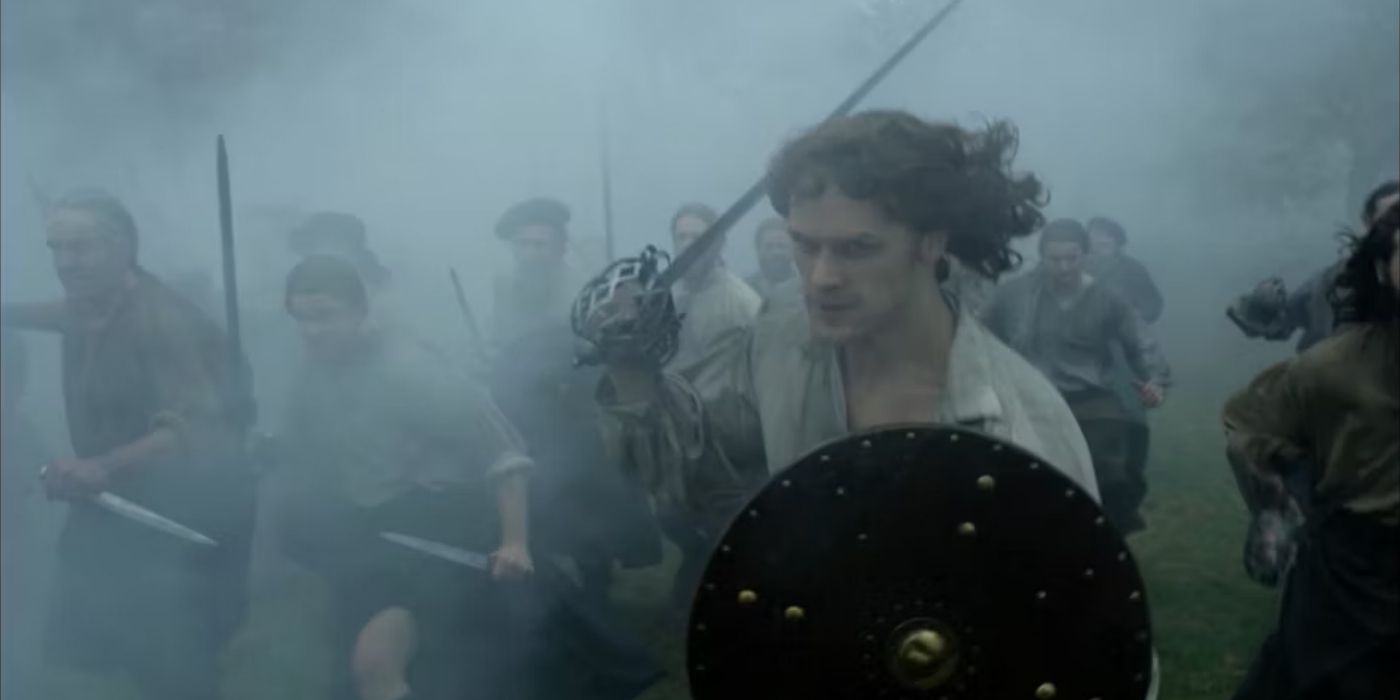 Jamie rushing into battle in Outlander.
