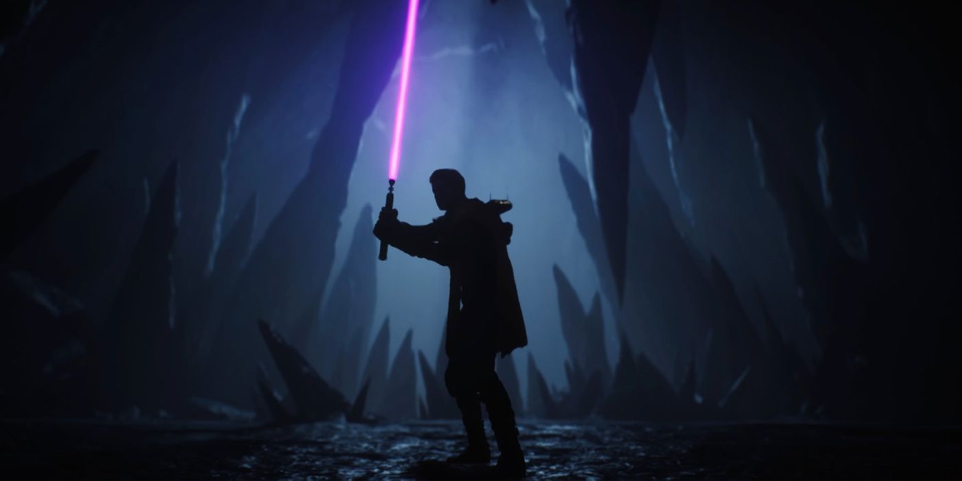 Cal Kestis silhouetted with a purple lightsaber in Star Wars Jedi: Fallen Order.