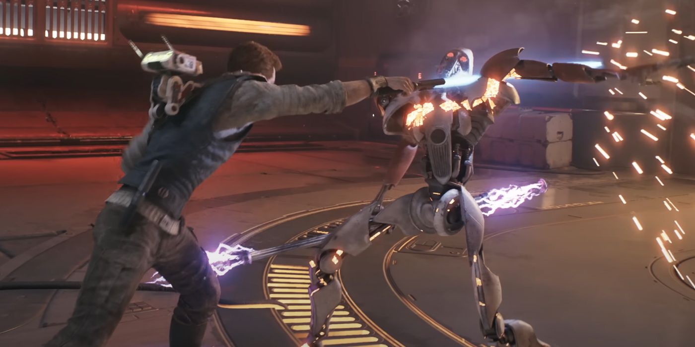  Cal Kestis cutting through a battle droid with his lightsaber in Star Wars Jedi: Survivor's official reveal trailer