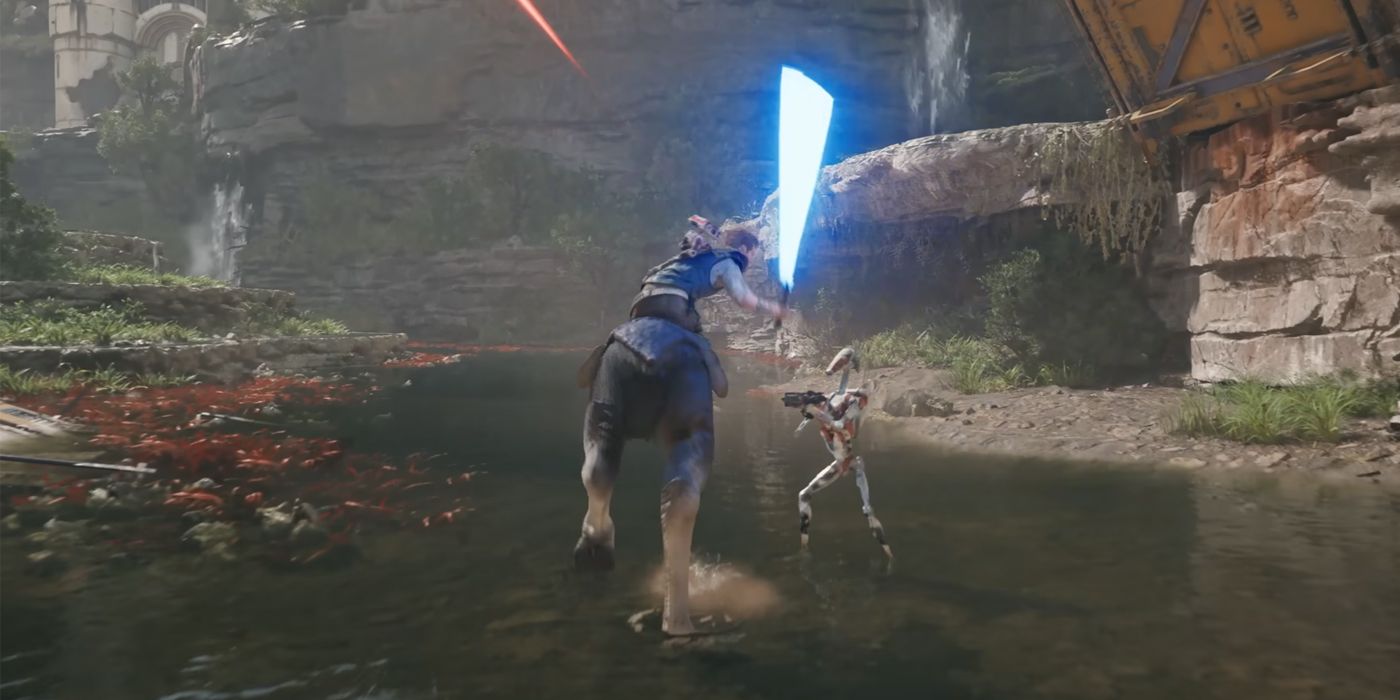 Cal Kestis on a mount about to strike down a battle droid with his lightsaber in Star Wars Jedi: Survivor's official reveal trailer