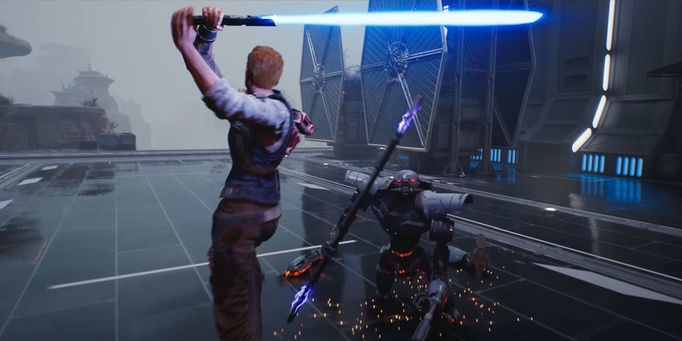 Cal Kestis strikes down a dismembered Imperial sentry droid with his lightsaber in the reveal trailer for Star Wars Jedi: Survivor