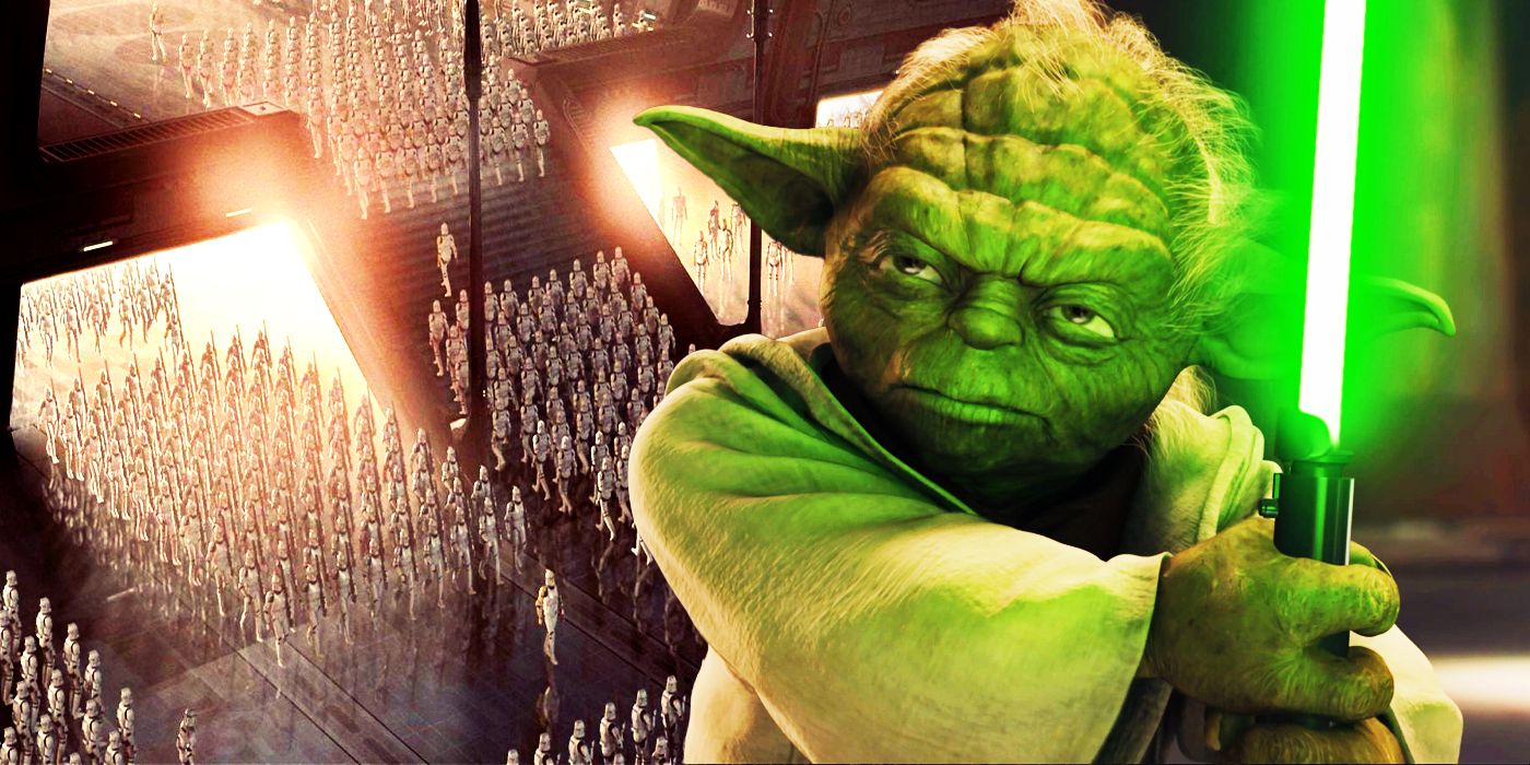 Uma imagem de Yoda na frente de uma imagem do Exército Clone em Star Wars: Episódio II - Ataque dos Clones.