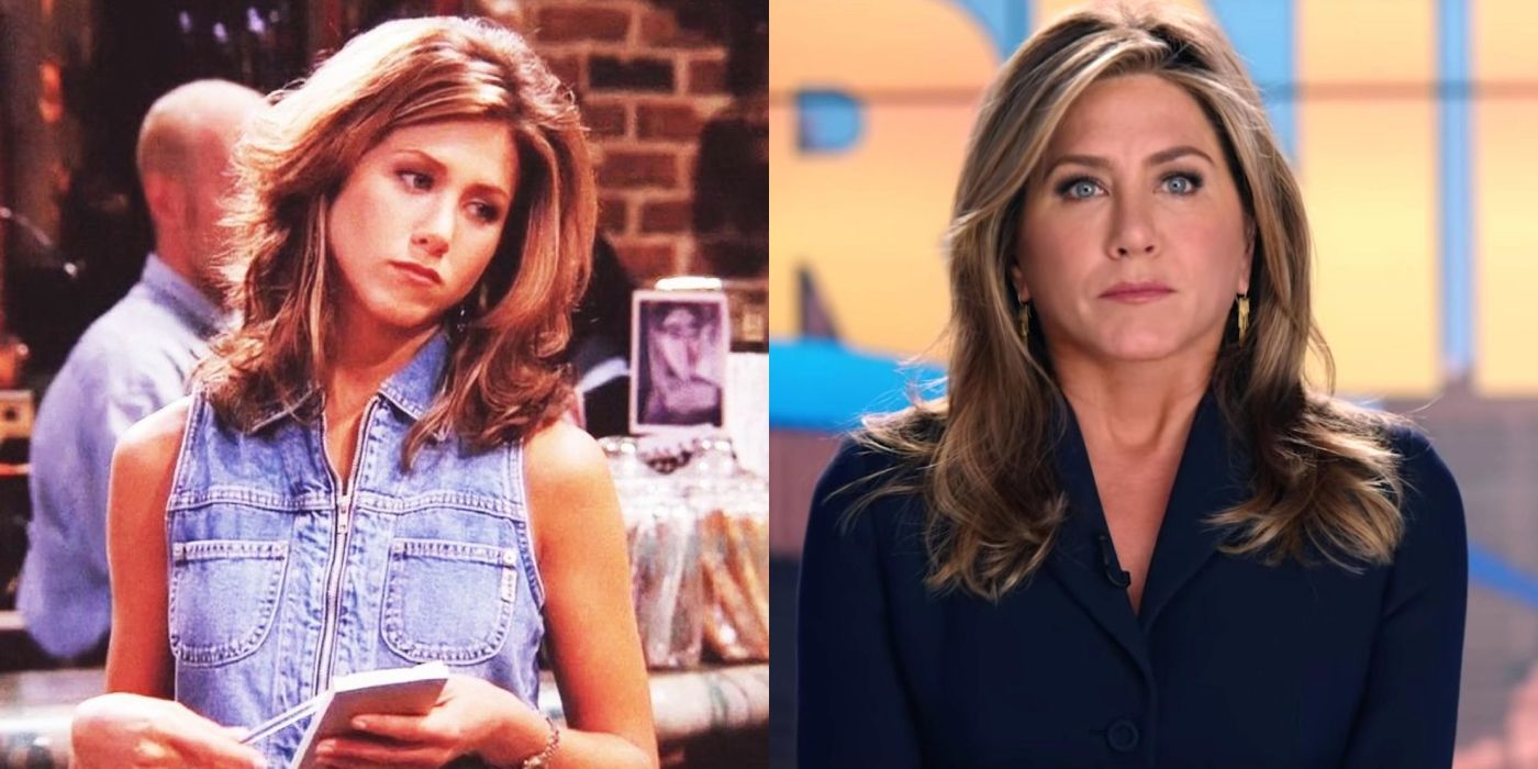 Split image of Jennifer Aniston as Rachel in Friends and Alex in The Morning Show