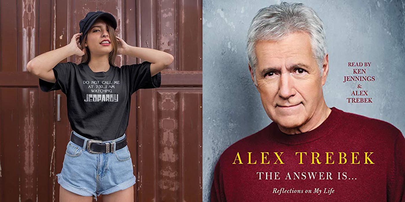 Split image of a woman wearing a Jeopardy! T-shirt and the cover of Alex Trebek's book.