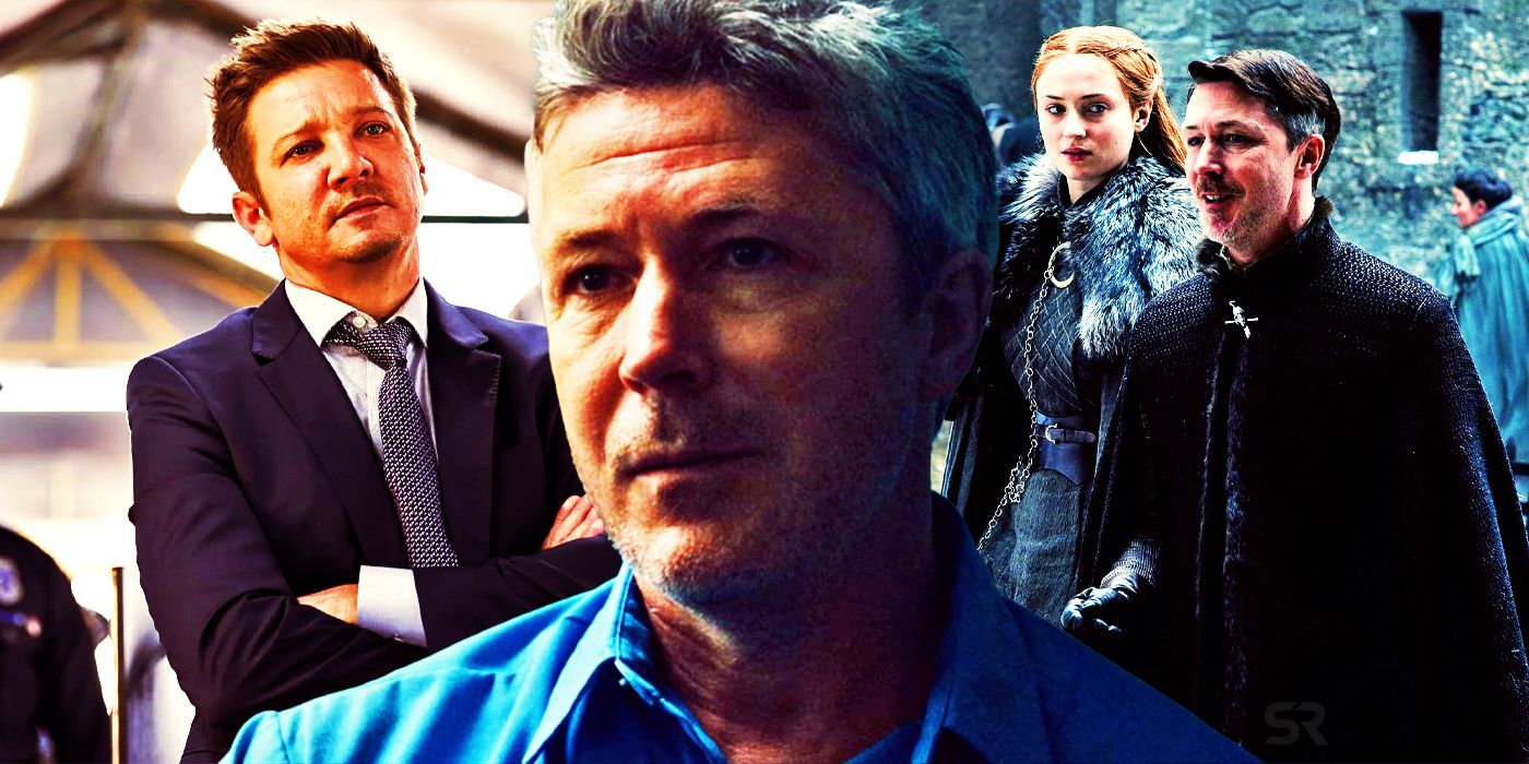 Jeremy Renner as Mike and Aidan Gillen as Milo in Mayor Of Kingstown and Sophie Turner as Sansa and Aidan Gillen as Littlefinger in Game of Thrones