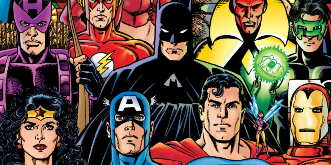 Arte de quadrinhos com a Liga da Justiça e os Vingadores alinhados juntos.