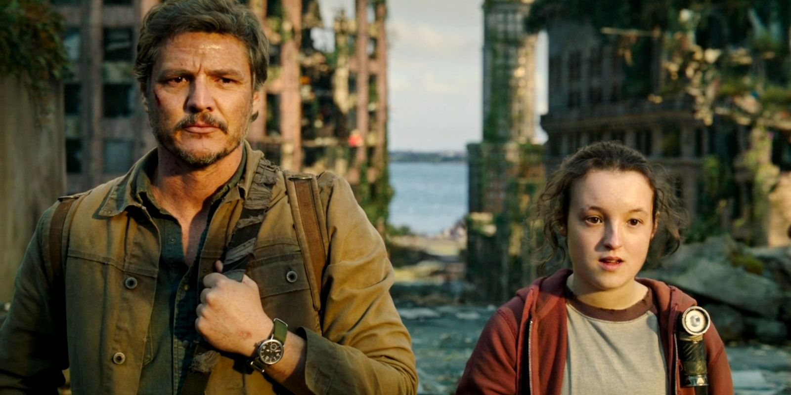 Joel e Ellie olhando para a vista da cidade em The Last of Us