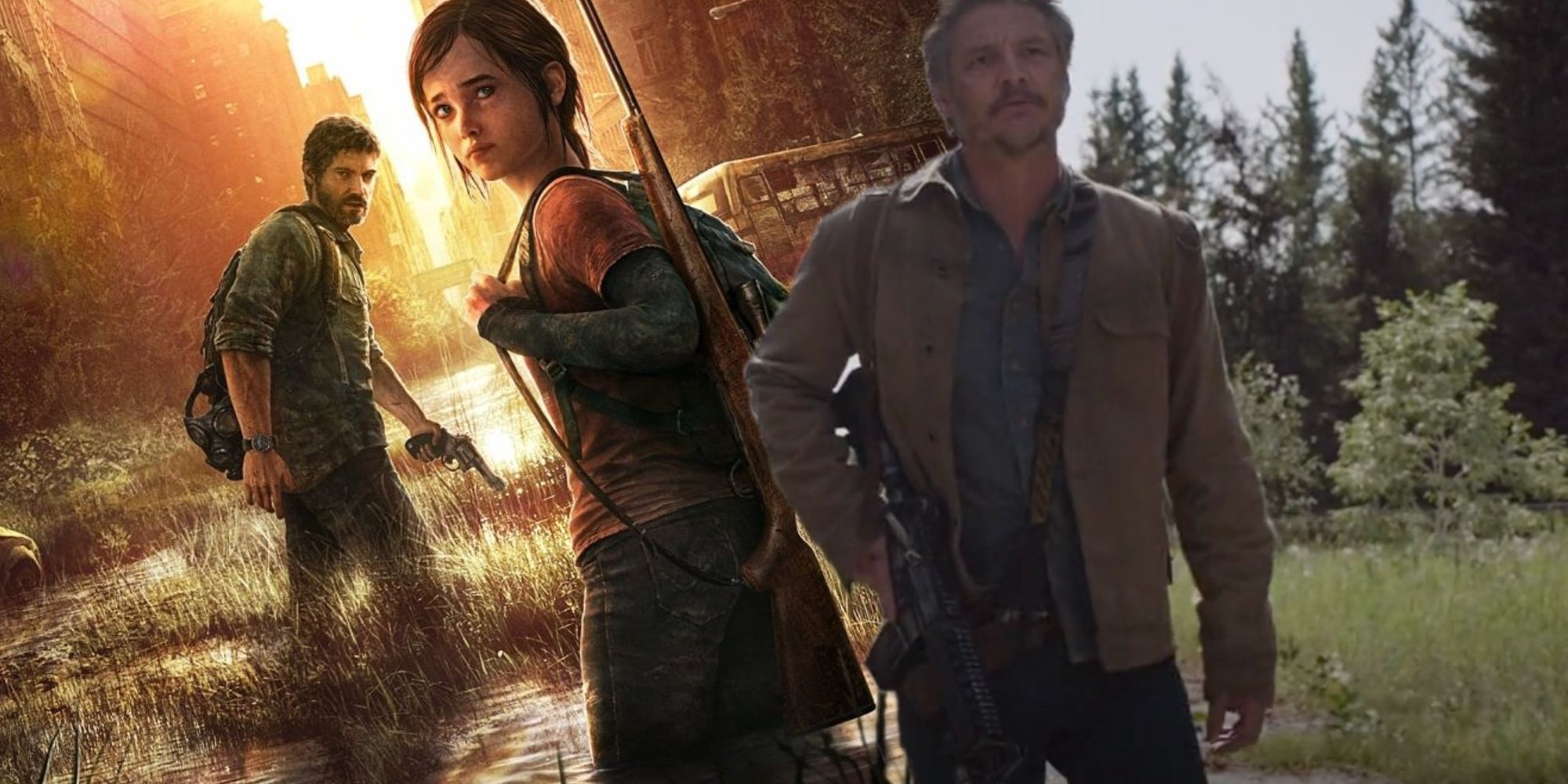 L'affiche originale du jeu The Last of Us superposée avec Joel tenant un fusil d'assaut