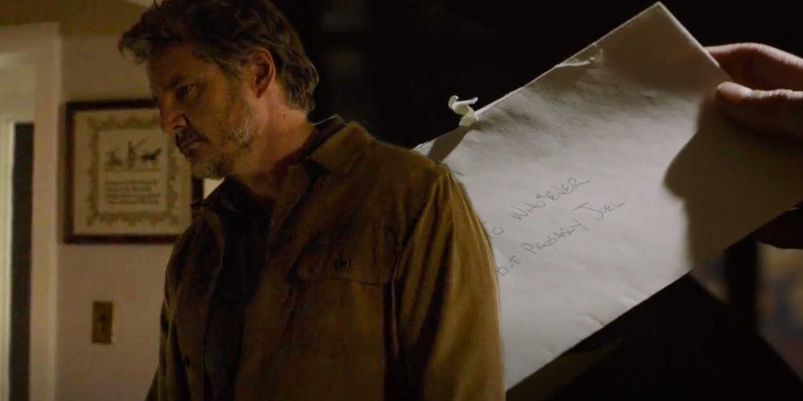 A blended image of Joel listening to Bill's letter and the addressed envelope in The Last of Us season 1 episode 3