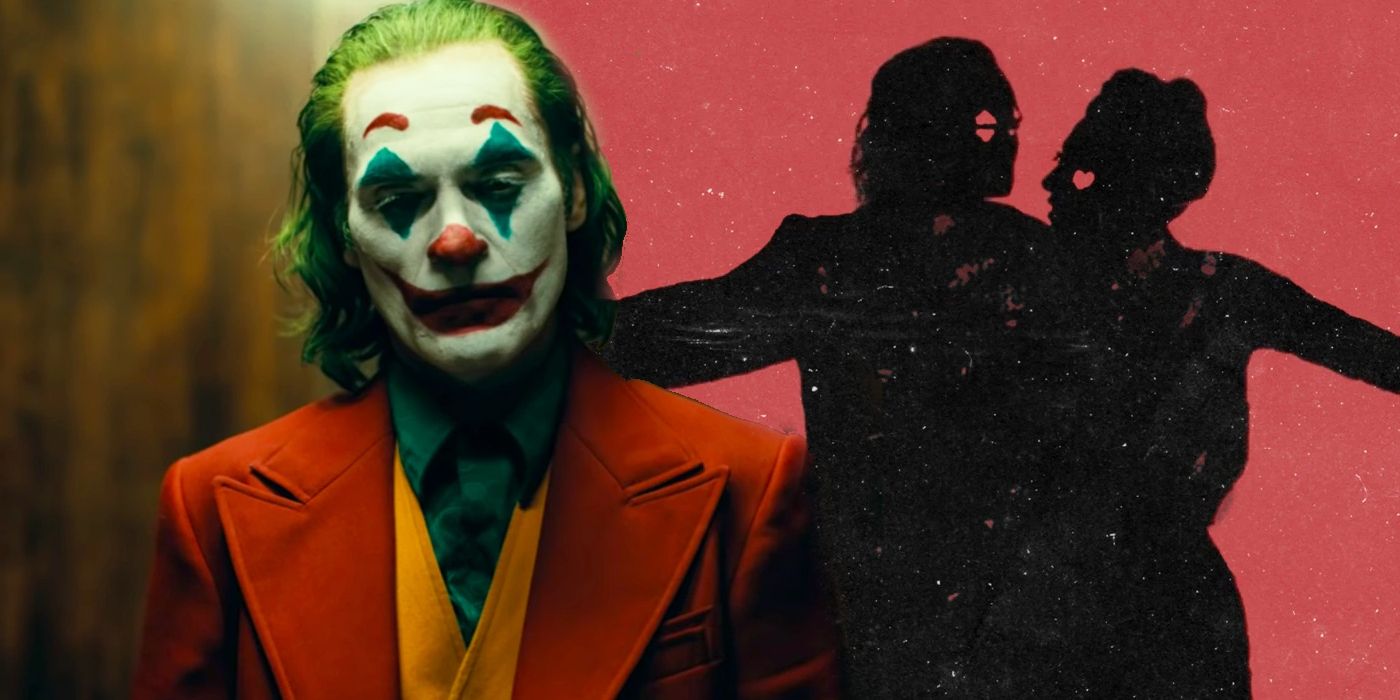 Split Image: Joker (Joaquin Phoenix) in elevator; shadowy figures of Joker and Harley Quinn dancing