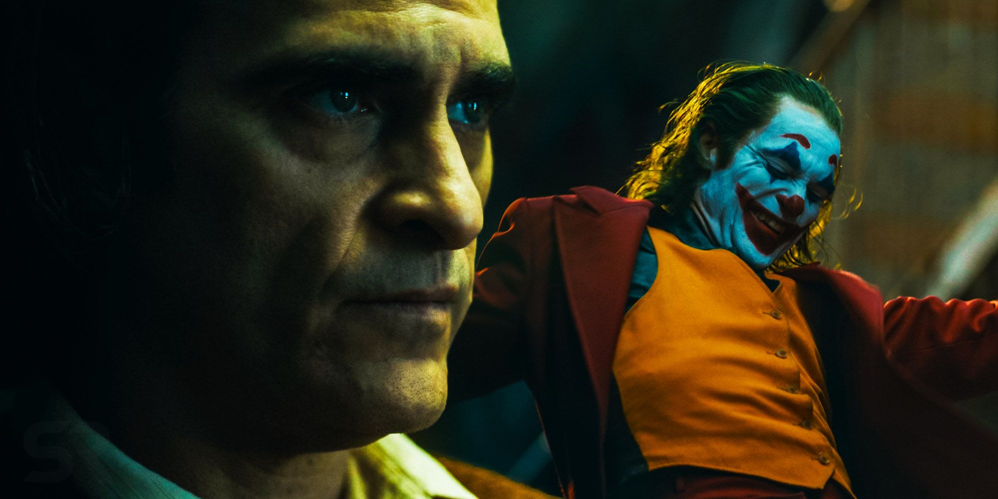 Split image of Joaquin Phoenix as Arthur Fleck in and out of Joker makeup.