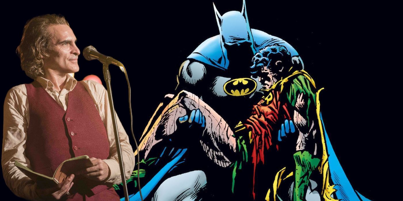 The Joker from 2019's Joker does stand-up comedy next to the Death in the Family image of Batman holding a dead Jason Todd's Robin