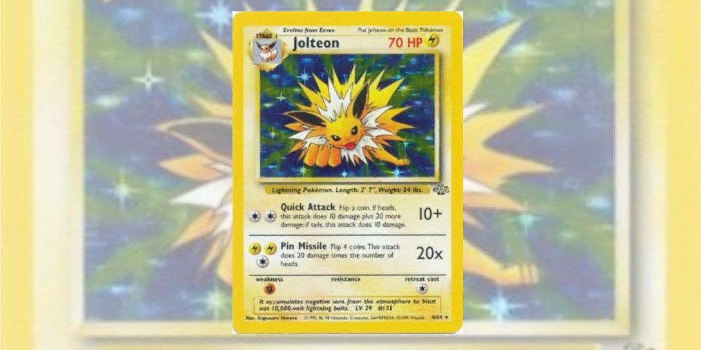 Jolteon Pokémon TCG Playing Card, with artwork of the Jolteon lunging toward the viewer, surrounded by a starry background.