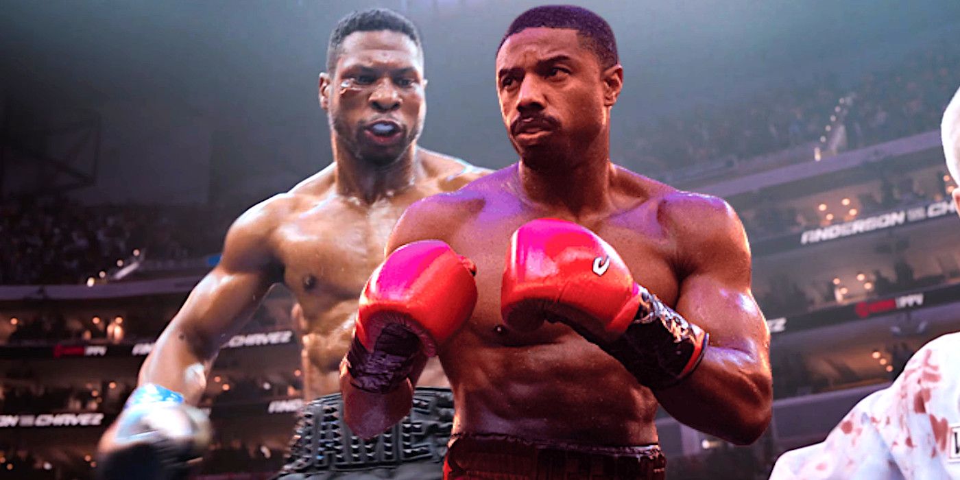 Michael B. Jordan in Creed 3 in boxing attire with his red gloves up backdropped by Jonathan Majors in boxing attire posing after having just thrown a vicious punch