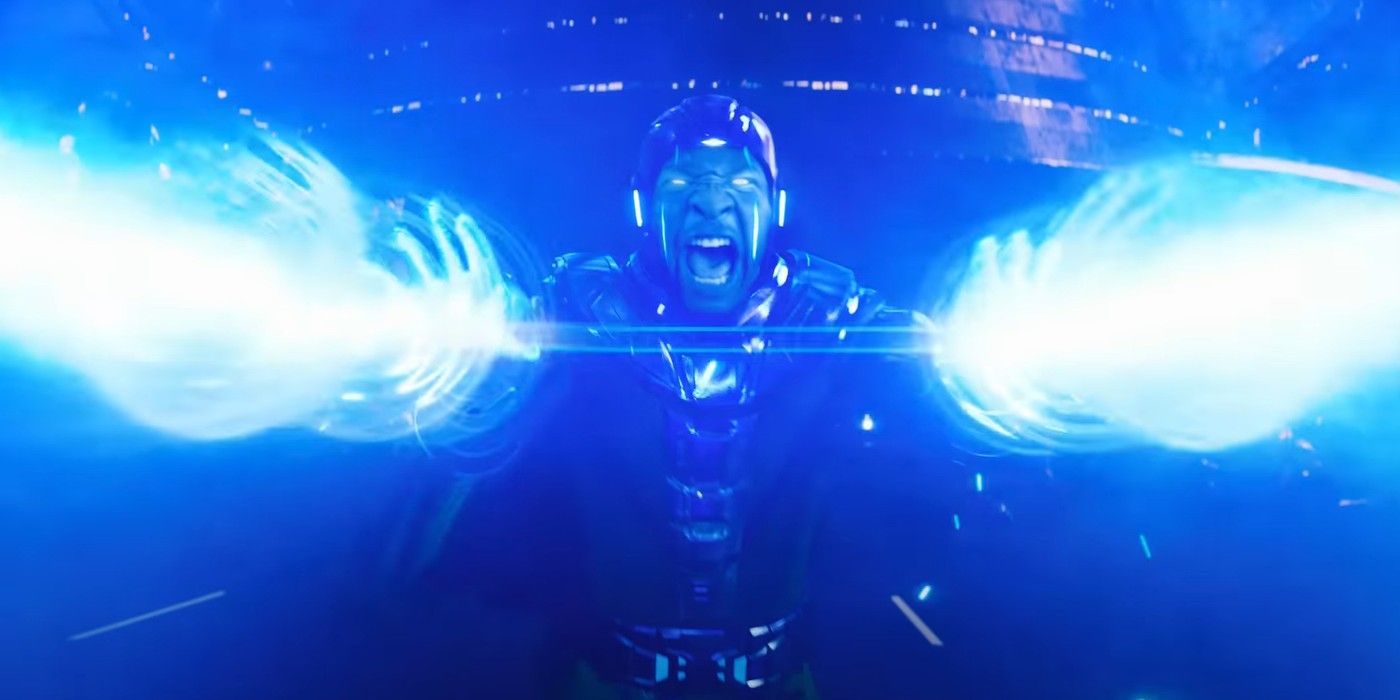 Jonathan Majors as Kang firing blue lasers in Ant Man and the Wasp Quantumania